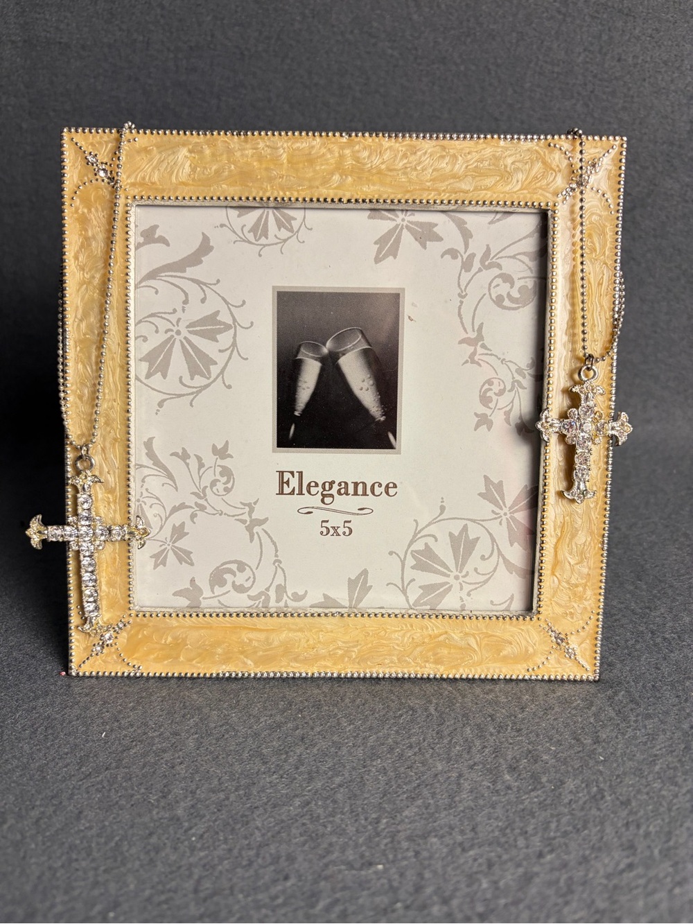 5x5 Photo Frame, Yellow Enameled Metal W/ Rhinestones Crosses On Chain Religious